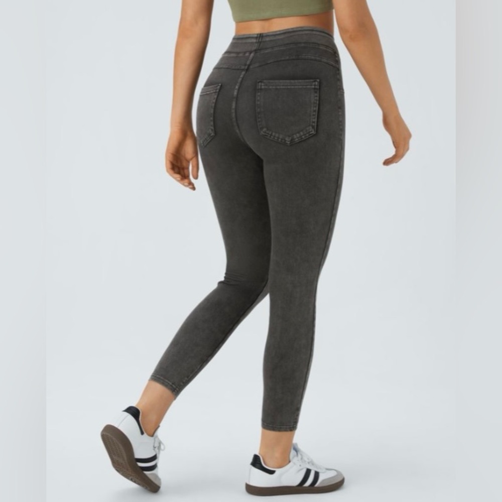 Halara Flex High Waisted Backside Pocket Hemp Rope Black Denim Leggings